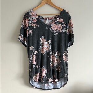 Boho Gray Pink Floral Rose V-Neck Women's High Low Top